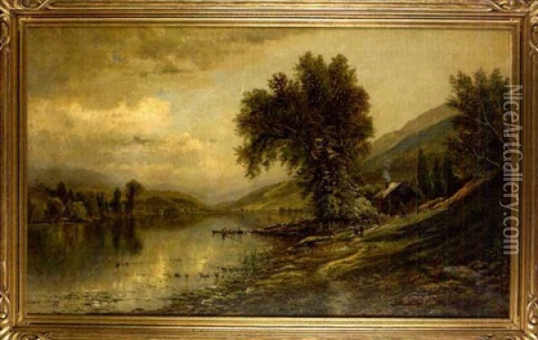 Landscape With Cottage Beside A Lake Oil Painting - Edmund Darch Lewis
