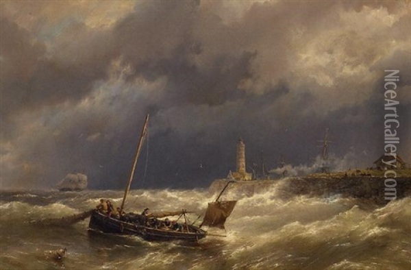 Gathering In The Nets In Stormy Seas Oil Painting - Hermanus Koekkoek the Younger