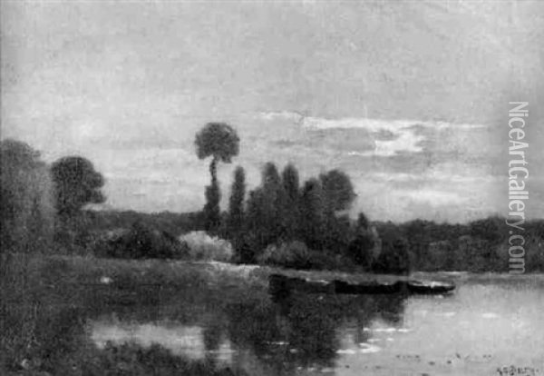 Abendliche Fluslandschaft Mit Am Ufer Liegenden Booten Oil Painting - Hippolyte Camille Delpy