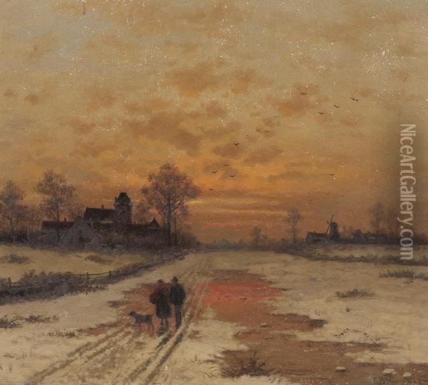 Abendspaziergang In Winterlicher Landschaft Oil Painting - Caesar Bimmermann