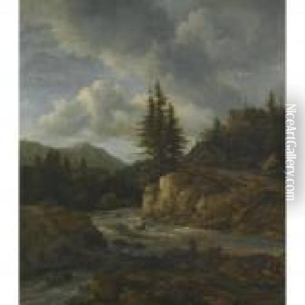 Northern Landscape With A Torrent Oil Painting - Jacob Van Ruisdael