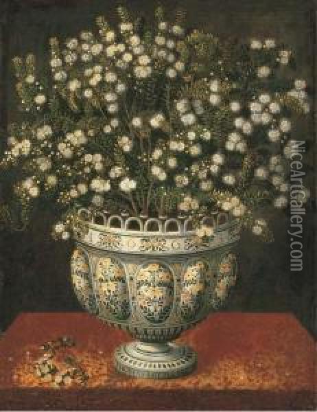 Myrtle In A Lobed-footed Polychrome Maiolica Manises Vase On Adraped Ledge Oil Painting - Tomas Hiepes