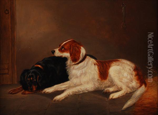 Spaniels In A Stable Oil Painting - Edwin Loder