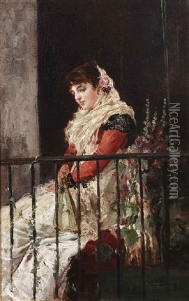 La Espanola (en El Balcon) (the Spanish Lady On The Balcony) Oil Painting - Juan (Count) Luna y Novicio