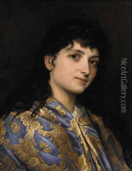 Portrait Of A Lady In A Blue And Gold Shawl Oil Painting - Gustave Jean Jacquet