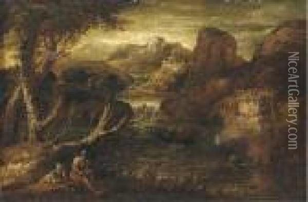 A Mountainous River Landscape With Two Soldiers At Rest Oil Painting - Salvator Rosa