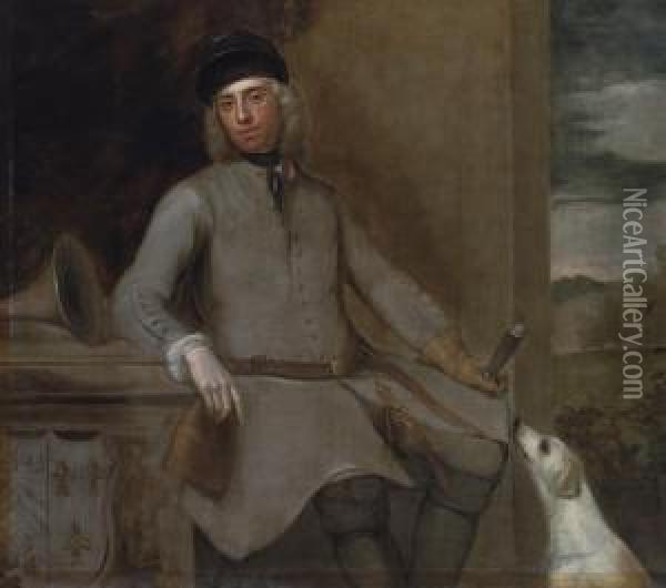 Portrait Of Charles Wither, Of Hall, Hampshire, M.p. (1684-1731), Three-quarter-length, In Hunting Dress, With A Hound, In A Landscape, His Coat-of-arms Lower Left Oil Painting - Stephen Slaughter