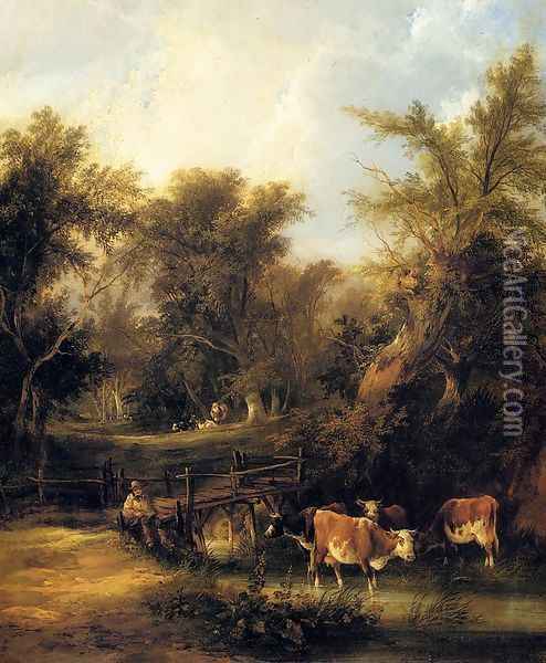 Cattle By A Stream Oil Painting - Snr William Shayer