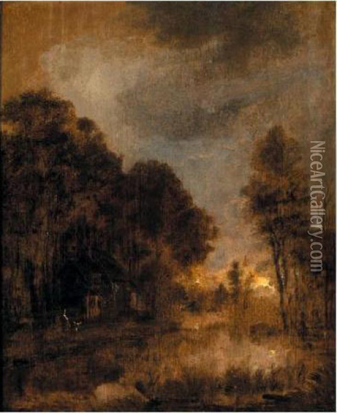 A Moonlit Lake With Figures On A Path Oil Painting - Aert van der Neer