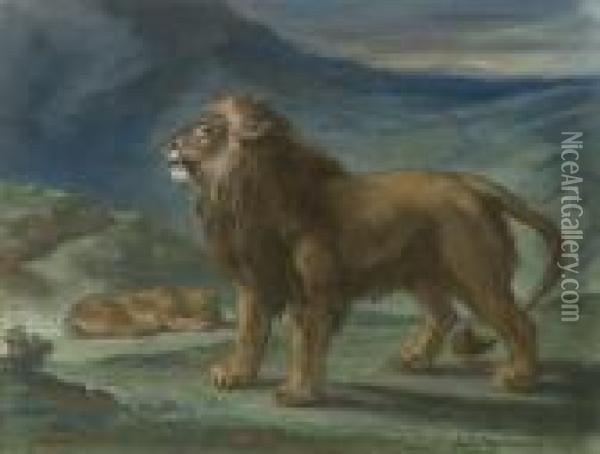 Lion Et Lionne Dans Les Montagnes Oil Painting - Eugene Delacroix