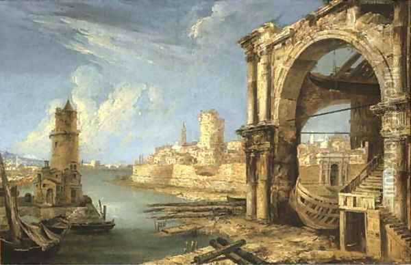 A capriccio of Roman buildings with a shipyard by a lagoon Oil Painting - Michele Marieschi