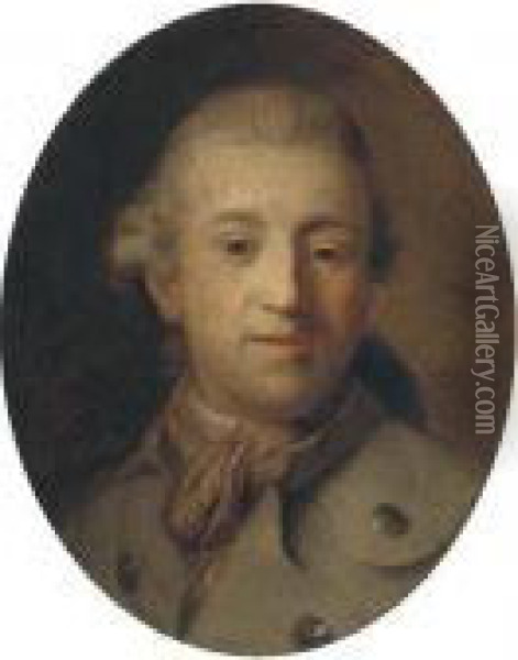 Portrait Of A Gentleman, Bust-length, In A Green Coat And Brownscarf Oil Painting - Alexander Roslin