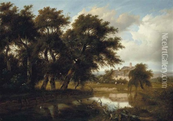 Old Cottages On The River Brent Oil Painting - Patrick Nasmyth