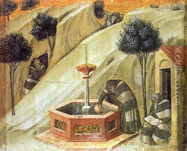 Predella panel Hermits at the Fountain of Elijah Oil Painting - Pietro Lorenzetti