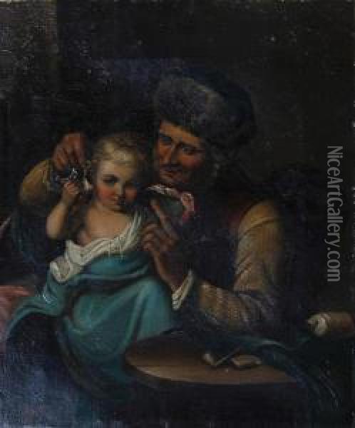 Gentleman Seated With Granddaughter, Playingwith A Pocket Watch Oil Painting - David W. Haddon
