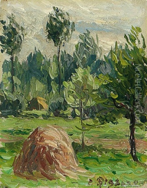Le Pre A Eragny Avec Meule Oil Painting - Camille Pissarro