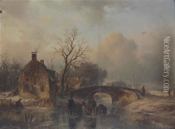 Autumn On The Canal Oil Painting - Andreas Schelfhout