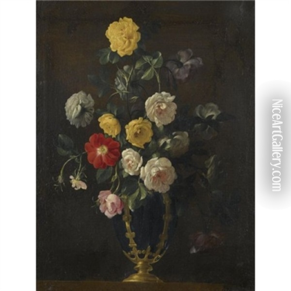 A Still Life With Roses And Various Other Flowers In A Vase Oil Painting - Jean-Michel Picart