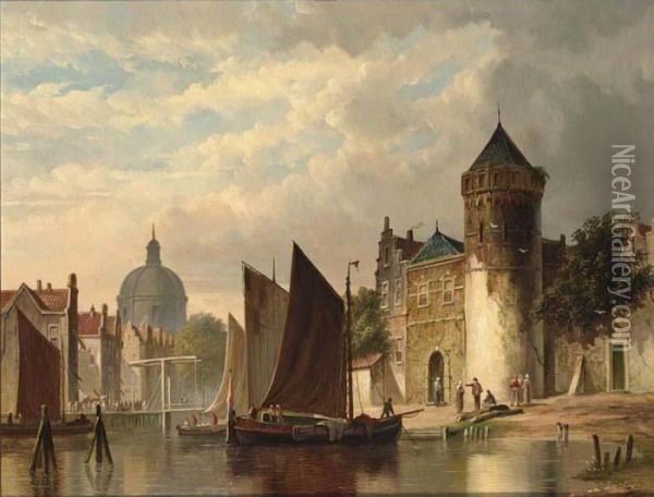 Moored Barges In A City Canal Oil Painting - Pieter Gerard Vertin