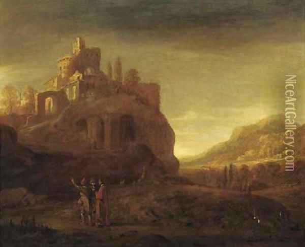 An open landscape with a hilltop fort, travellers on a path in the foreground Oil Painting - Jacob Willemsz De The Elder Wet