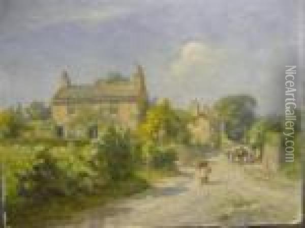 Village Scene, With Figures And A Horse And Cart Oil Painting - William Greaves