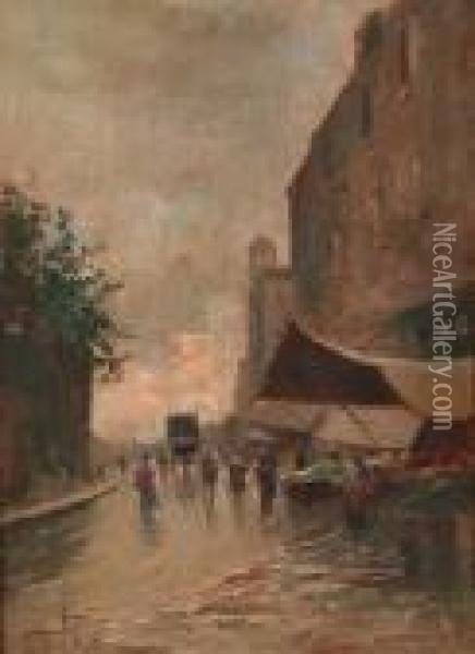 A Rainy Market Day Oil Painting - Oscar Ricciardi