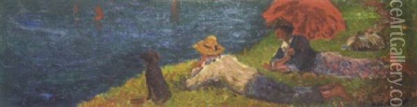 Couple Sur La Falaise, Un Jour De Regate Oil Painting - Henry Moret