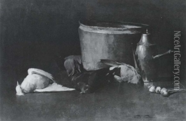 Still Life: Brass Bowl, Copper Coffee Pot, And Pigeons Oil Painting - Emil Carlsen