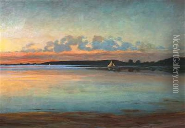 Solnedgangsstemning Over Havet Oil Painting - Carl Christian Ferdinand Wentorf