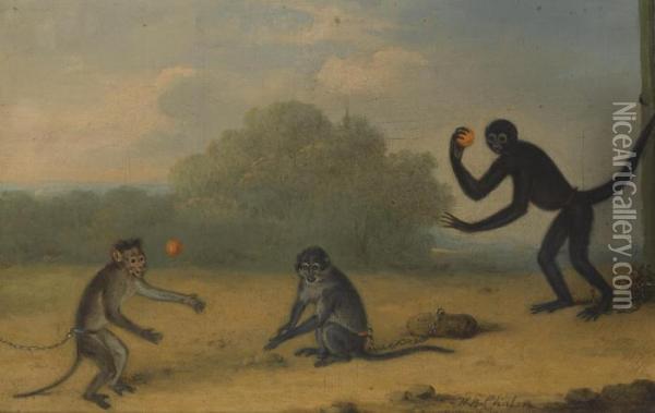 Three Monkeys At Play Oil Painting - Henry Bernard Chalon