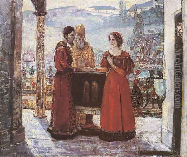 The Betrothal of Mary 1903 Oil Painting - Lajos Gulacsy