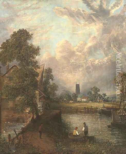 Anglers before a mill, with a church beyond Oil Painting - John Constable