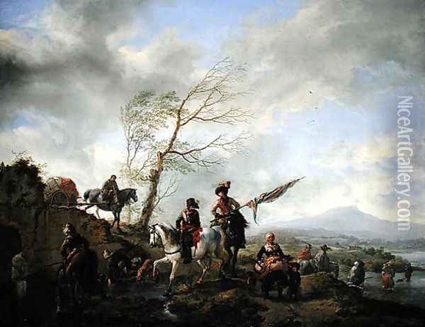 Landscape with Soldiers Watering their Horses Oil Painting - Philips Wouwerman