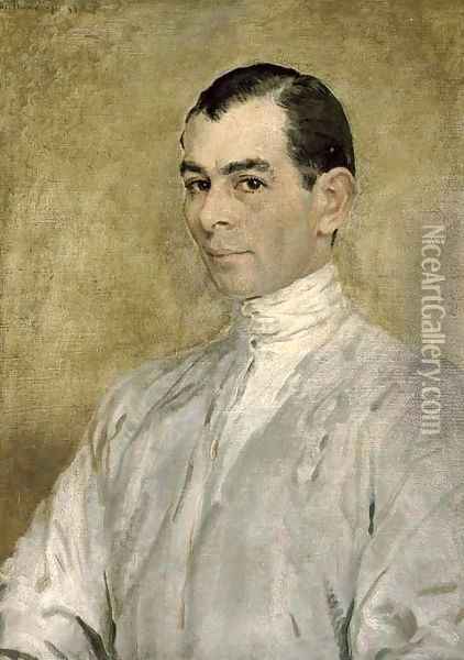 Portrait of a jockey, bust-length, in silks Oil Painting - English School