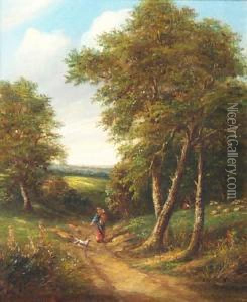Mother, Child And Dog On A Country Path Oil Painting - John Sheppard