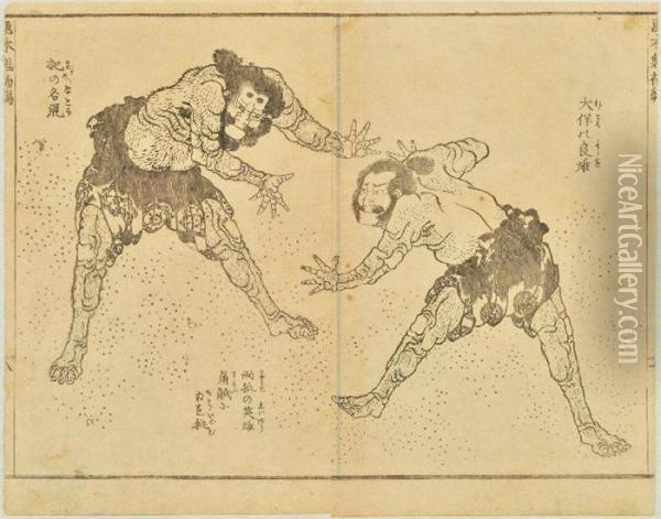Wrestling Figures Oil Painting - Katsushika Hokusai