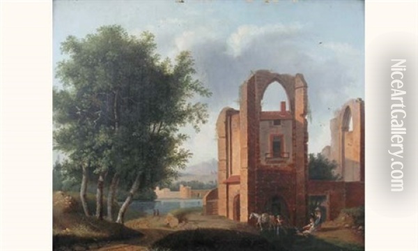 Habitation Dans Une Ruine Gothique Pres D'une Riviere Oil Painting - Jean-Louis Demarne