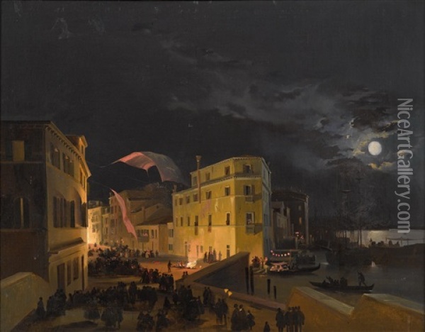 Venice, Nocturnal Festivities On The Via Eugenia (today Via Garibaldi) Oil Painting - Ippolito Caffi