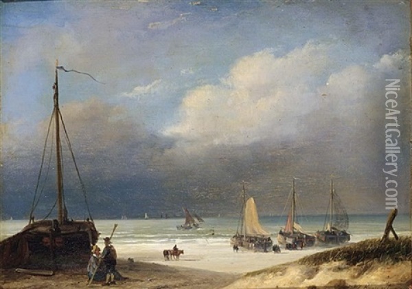 Bomschuiten On The Beach Oil Painting - Nicolaas Johannes Roosenboom
