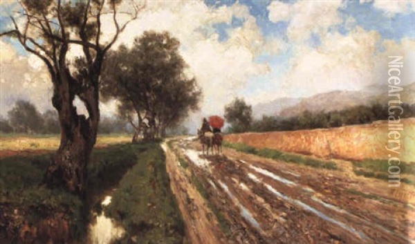 Figures On A Country Lane Oil Painting - Francesco (Luigi) Lojacono