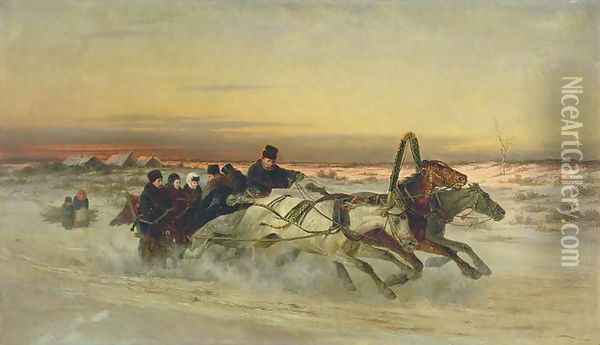 A Galloping Winter Troika at Dawn Oil Painting - Nikolai Egorovich Sverchkov