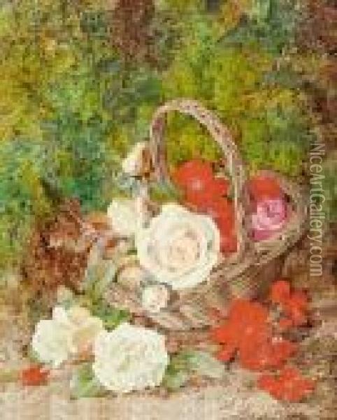 Still Life Of Roses, Geraniums And A Wickerbasket On A Mossy Bank Oil Painting - George Clare