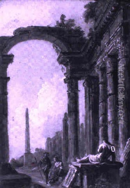 Ruines Antiques Animees De Deux Personnages Oil Painting - Jean Baptiste Lallemand
