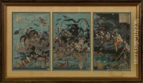 The Boy-emperor Antoku And Slain
 Taira Warriors At The Bottom Of The Sea After The Battle Of 1185 Oil Painting - Utagawa Yoshitora