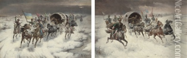 Siberian Gold Convoy (+ The Convoy; 2 Works) Oil Painting - Adolf (Constantin) Baumgartner-Stoiloff
