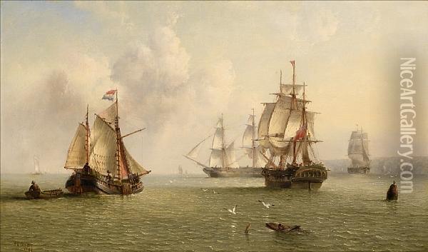 Merchantmen Going About Their 
Trade Off The Northeast Coast Of England, With A Dutch Hoy Further Out 
To Sea Oil Painting - Henry Redmore