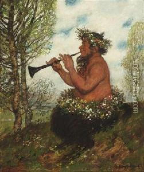 A Faun Playingflute Oil Painting - Adolf Hengeler