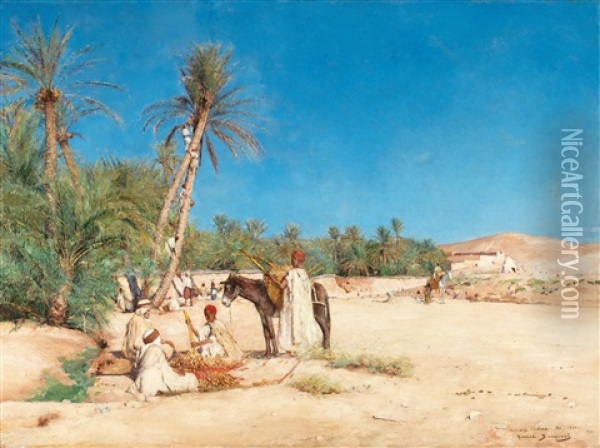 Harvesting Dates In The Oasis Of Chetma Oil Painting - Maurice Bompard