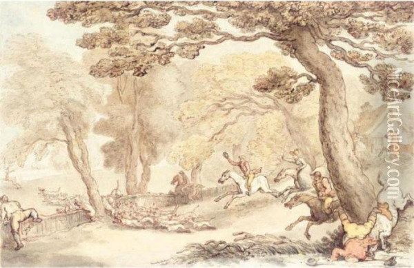The Kings Buckhounds In Full Cry After A Stag Oil Painting - Thomas Rowlandson