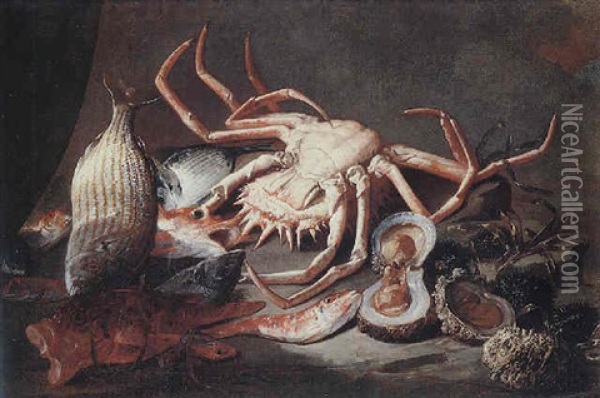 Still Life Of Salt-water Fish Together With A Spider-crab, Oysters And Urchins On A Sea Shore Oil Painting - Giuseppe Recco
